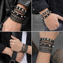 Carica l'immagine nel visualizzatore di Gallery, Set di 4 Bracciali Punk Rock in Similpelle Nera con Borchie, Stili a Giro Singolo e Triplo, Accessori Versatili per Outf