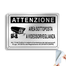 Carica l'immagine nel visualizzatore di Gallery, Cartello Area Videosorvegliata GDPR 2023 Alluminio con Adesivo 22x15cm, Area Sottoposta a Videosorveglianza Metallo per 