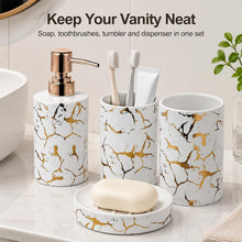 Carica l'immagine nel visualizzatore di Gallery, Set di accessori per il bagno, 4 pezzi, set di accessori da bagno in ceramica di lusso, 2 portaspazzolino/bicchiere + dispenser di sapone liquido o lozione con pompa oro rosa + portasapone