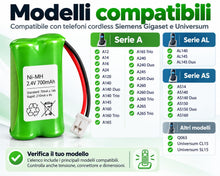 Carica l'immagine nel visualizzatore di Gallery, Batteria Cordless Gigaset Siemens NiMH 2,4V 700mAh con Connettore