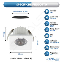 Carica l'immagine nel visualizzatore di Gallery, Sigmaled lighting, MINI SPOT LED 3W, Dimmerabile, 300lumen, Luce Naturale 4000K, Faretto QUADRO incasso, 220V / 240V AC 