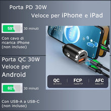Carica l'immagine nel visualizzatore di Gallery, Davilis® Caricabatterie da Auto presa Accendisigari a Ricarica Rapida PD C 30W USB A QC 3.0 60W totali per Cellulare Sma