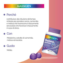 Carica l'immagine nel visualizzatore di Gallery, Massigen - Sonno Gummy, Integratore Alimentare con Melatonina e Estratti Naturali, Due Confezioni 60 Caramelle da 3,3 g,