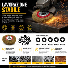 Carica l'immagine nel visualizzatore di Gallery, Topolenashop Spazzola Circolare per Mola da Banco 150 mm – Disco con Setole in Acciaio Ottonato e Adattatori Albero – pe