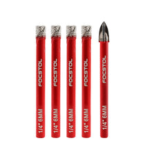 Carica l'immagine nel visualizzatore di Gallery, FOCSTOL Set Punte Trapano Diamantate - 4 pezzi 6/6/6/6mm Sega a Tazza Diamantata+1 pezzi 6mm Trapano Carburo con Gambo T