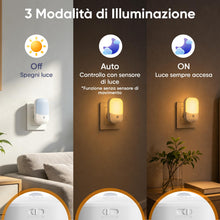 Carica l'immagine nel visualizzatore di Gallery, [2 Pezzi] Luce Notturna da Presa con Sensore Crepuscolare, 5 Livelli Dimmerabile, 3000K Bianco Caldo, Modalità ON/OFF/Au