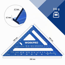 Carica l'immagine nel visualizzatore di Gallery, WORKPRO Squadra da Falegname Multifunzione 180mm, Righello Triangolare Metrico in Alluminio, Squadra Combinata 45° - 90°