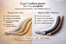 Carica l'immagine nel visualizzatore di Gallery, Cavo Piattina Trasparente 2x0,50 mm² SOTTILE – Matassa 10 Metri – Rame Puro – Ideale per Lampade, Lumi e Lampadari – 250