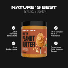 Carica l'immagine nel visualizzatore di Gallery, Body Attack Peanut Butter Natural 30% Protein Sugar &amp; Fat Free Crunchy 1 kg