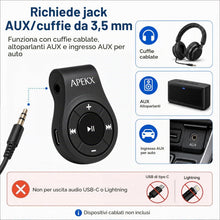 Carica l'immagine nel visualizzatore di Gallery, APEKX Adattatore audio Bluetooth per cuffie, cuffie, altoparlante, ricevitore wireless con microfono per chiamate in viv