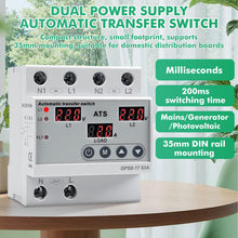 Carica l'immagine nel visualizzatore di Gallery, Commutatore di rete automatico ATS 63A Interruttore trasferimento Monofase AC220V Display LED con Protezione regolabile 