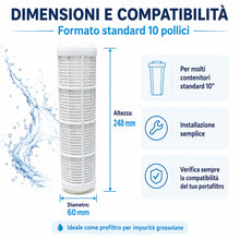 Carica l'immagine nel visualizzatore di Gallery, AQUASKUDO - Cartuccia Filtrante Rete Lavabile in Nylon 10 Pollici - 60 µ per Contenitore Filtro. Made in Italy