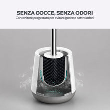Carica l'immagine nel visualizzatore di Gallery, PORTENTUM Scopino wc silicone con porta scopino antigoccia e meno odori – Spazzolone bagno wc con testa curva e manico m