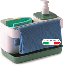Carica l'immagine nel visualizzatore di Gallery, Snips Riordinello Porta Spugne Lavello Cucina 3 in 1, Dispenser Sapone 400 ml con Dosatore, Porta Strofinacci e Organizer Lavello, Accessorio Salvaspazio Cucina, 21 x 12 x 18 cm, Made in Italy