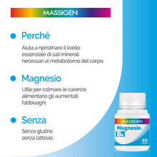 Carica l'immagine nel visualizzatore di Gallery, Massigen - Magnesio B6, 60 Capsule, Integratore per Funzione Muscolare e Nervosa, Contribuisce al Benessere Energetico e