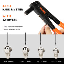 Carica l'immagine nel visualizzatore di Gallery, Rivettatrice Manuale con 200 Pezzi Rivetti, Professionale Pistola rivettatrice robusta, 4 Misure 2,4MM-3,2 MM-4,0MM-4,8M
