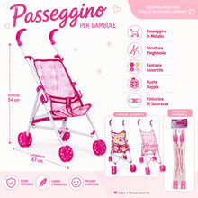 Carica l'immagine nel visualizzatore di Gallery, Passeggino per Bambole con Cappottina Pieghevole Metallo Plastica Carrozzina Richiudibile per Bambine Giocattoli Bimbe P