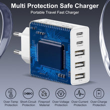 Carica l'immagine nel visualizzatore di Gallery, Caricatore USB C 50W, Alimentatore Multiplo a 5 Porte (2 USB-C + 3 USB-A) Carica Rapida PD, Spina da Muro Compatibile co