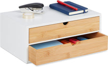 Carica l'immagine nel visualizzatore di Gallery, Relaxdays Organizer da Scrivania, bambù e MDF, Portaoggetti Salvaspazio con 2 Cassetti, HLP 14x33x21 cm, Bianco/Naturale