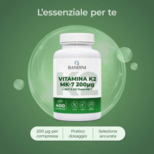 Carica l'immagine nel visualizzatore di Gallery, Bandini® Vitamina K2 MK7 200µg | 400 Compresse | Menachinone Alto Dosaggio