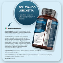 Carica l'immagine nel visualizzatore di Gallery, MSM Integratore 2500mg, Vegano, 6 Mesi, 360 Compresse di MSM Vitamina C