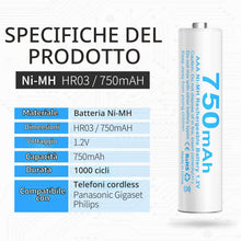 Carica l'immagine nel visualizzatore di Gallery, Batteria AAA HR03 di Ricambio Compatible con Telefoni Cordless Gigaset 750Mah (4)