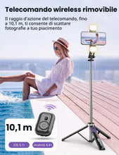Carica l'immagine nel visualizzatore di Gallery, 135CM Bastone Selfie Treppiede con 2 Luce di Riempimento, 4 in 1 Selfie Stick Treppiede per Telefono con Telecomando Tre