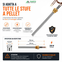 Carica l'immagine nel visualizzatore di Gallery, Candeletta Stufa Pellet, 280 Watts, 140/150 mm ∅ 9.9, Filettatura 3/8