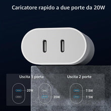 Carica l'immagine nel visualizzatore di Gallery, Caricatore USB C 20W 2-Porto Presa per iPhone 17/17 Air/17Pro/17 Pro Max/16/15/14/13/12/11 Plus Mini SE X XS XR, Samsung