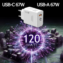 Carica l'immagine nel visualizzatore di Gallery, Caricatore Rapido da Muro 120W USB-C e USB-A Multiplo, Power Delivery 67W + Quick Charge 67W, Spina Europea, Adattatore 