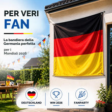 Carica l'immagine nel visualizzatore di Gallery, Bandiera della Germania, articolo per fan, diverse dimensioni, nera-rossa-dorata, con buchi in metallo per appenderla, E