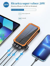 Carica l'immagine nel visualizzatore di Gallery, Powerbank solare 20000mAh, caricatore solare impermeabile USB C Caricabatteria solare esterno con uscite, Power Bank per