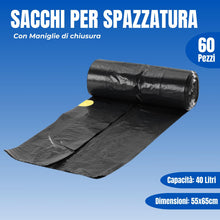 Carica l'immagine nel visualizzatore di Gallery, Bottari 60 Sacchi Immondizia 40L 55x65 cm con Maniglie di Chiusura, Nero, Sacchi per Spazzatura Resistenti e Riciclati, 