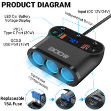 Carica l'immagine nel visualizzatore di Gallery, Qidoe Sdoppiatore Presa Accendisigari per Auto 300W: 7 in 1 USB Splitter, 3 Prese e Doppia USB C 30W e QC3.0 18W con Int