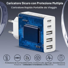 Carica l'immagine nel visualizzatore di Gallery, Caricatore USB C Presa, 50W 5Porte Caricatore USB Multiplo PD&amp;QC Carica Rapida Cellulare, Spina USBC Alimentatore Carica