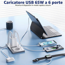 Carica l'immagine nel visualizzatore di Gallery, Caricatore USB C 65W, 6 Porte Caricabatterie Multiplo con Cavo da 2M