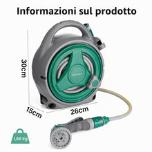 Carica l'immagine nel visualizzatore di Gallery, Avvolgitubo da giardino da 14 m, compatto e portatile, con 8 ugelli regolabili per pistola a spruzzo, avvolgitubo manual