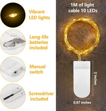 Carica l'immagine nel visualizzatore di Gallery, 10 Pezzi LED Stringa Luci a Batteria, 10 LED 1M Mini Lampada a Fili di Rame Bianco Caldo Catena Impermeabile Luminosa De