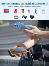 Carica l'immagine nel visualizzatore di Gallery, Powerbank solare 20000mAh, caricatore solare impermeabile USB C Caricabatteria solare esterno con uscite, Power Bank per