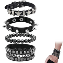 Carica l'immagine nel visualizzatore di Gallery, Set di 4 Bracciali Punk Rock in Similpelle Nera con Borchie, Stili a Giro Singolo e Triplo, Accessori Versatili per Outf
