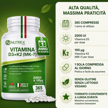 Carica l'immagine nel visualizzatore di Gallery, NutrexLab –Vitamina D3 K2 Integratore - 365 Microcompresse 1 Anno di Scorta, Vitamina D 2000 UI e Vitamina K MK-7 100µg 