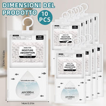 Carica l'immagine nel visualizzatore di Gallery, 10 Pezzi Sacchetti Deumidificatori per Armadio - con Gancio, Fino a 500ml per Sacchetto, per Eliminare Umidità e Muffa -