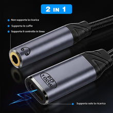 Carica l'immagine nel visualizzatore di Gallery, Adattatore da USB C a jack da 3,5 mm, adattatore audio a Y per cuffie da 1 a 2 tipo C, adattatore AUX e ricarica 100 W p