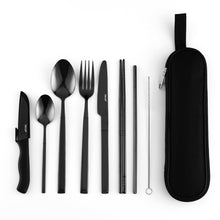 Carica l'immagine nel visualizzatore di Gallery, hecef Set Posate da Viaggio con Portaposate con Cerniera, 9 Pezzi in Acciaio Inox 18/0 con Rivestimento PVD Nero – Porta