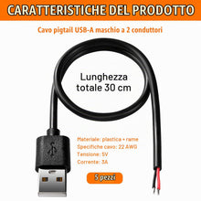Carica l'immagine nel visualizzatore di Gallery, 5 Pezzi USB-A Maschio 2 Pin Filo Nudo, 30cm 22AWG USB 2.0 Maschio Spina 2pin Filo DIY Pigtail Cavo di Alimentazione, per
