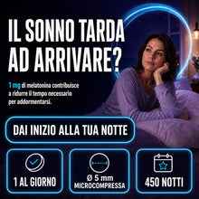 Carica l'immagine nel visualizzatore di Gallery, Melatonina Per Dormire 1 mg – 450 Microcompresse – Melatonina Pura con Lavanda e Zinco – Integratore Sonno per Ridurre i