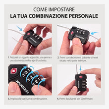 Carica l'immagine nel visualizzatore di Gallery, PORTENTUM Lucchetto TSA omologato con combinazione a 3 cifre – Lucchetto valigia aereo con cavo flessibile e portachiavi