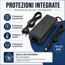 Carica l'immagine nel visualizzatore di Gallery, Alimentatore 12V 5A 60W AC/DC Stabilizzato, Trasformatore Switching con Cavo Rete e Connettore DC 5.5x2.1mm, per Strisce