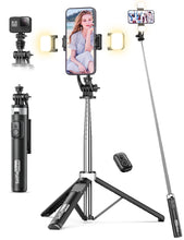 Carica l'immagine nel visualizzatore di Gallery, 135CM Bastone Selfie Treppiede con 2 Luce di Riempimento, 4 in 1 Selfie Stick Treppiede per Telefono con Telecomando Tre