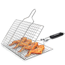 Carica l'immagine nel visualizzatore di Gallery, Cestino da Barbecue Pieghevole in Acciaio Inox per Pesce, Gamberetti con Manico Rimovibile, con Pennello da Forno e Bors
